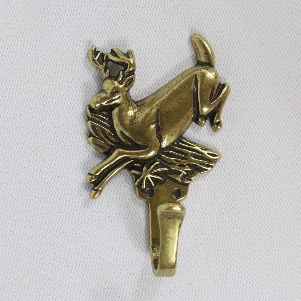 Brass Stag Buck Deer Coat Hook Key Hanger 4" Cabin Core